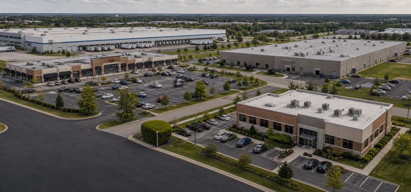 Wide aerial view of a commercial district with warehouse, retail, office, and industrial properties