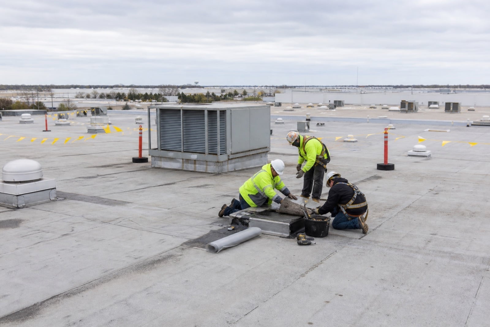 Commercial roofing crew repairing membrane and flashing on a large flat roof