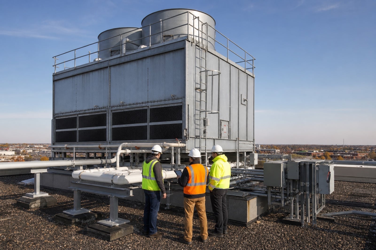 Commercial project team conducting a field review beside a rooftop cooling tower