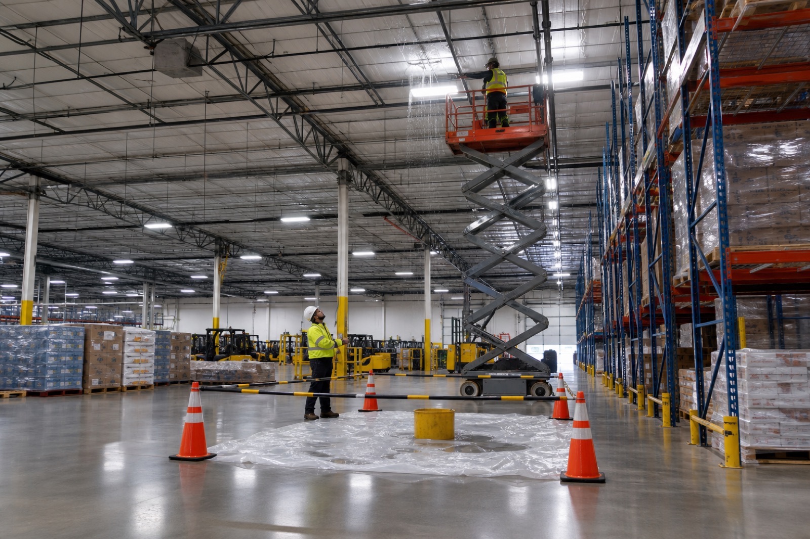 Warehouse roof and drainage condition relevant to Elk Grove Village business-park properties